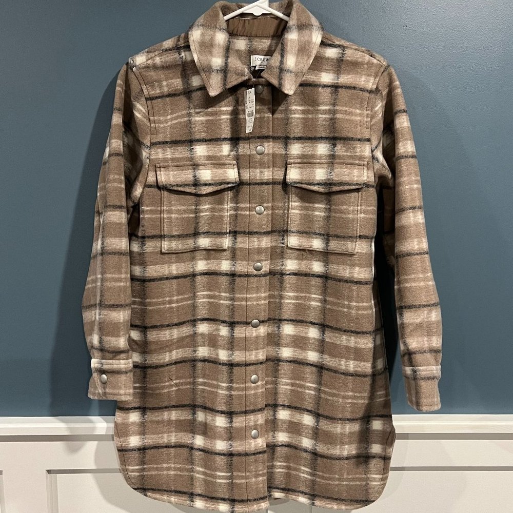 J. Crew Factory Longline Tan Plaid Shirt Jacket (Shacket), Size SP (New!)
